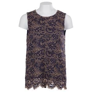 Banana Republic Top S Blue Tan Lace Sleeveless Keyhole Scalloped Lined Shell